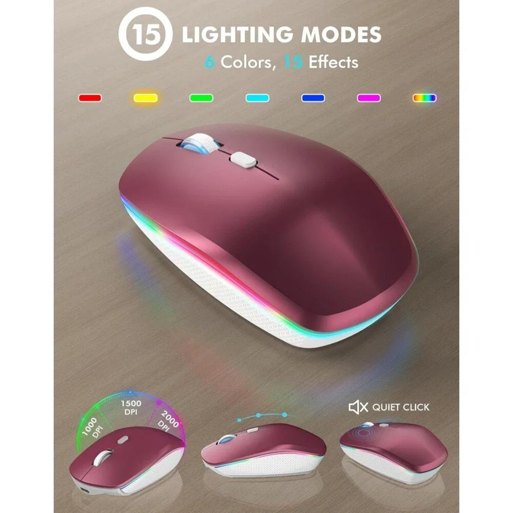 Wireless Keyboard and Mouse Combo, RGB Backlit Rechargeable Soft Typing Wine Red